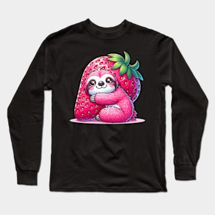 Pink Sloth Hugging a Strawberry Cute Kawaii Animal Long Sleeve T-Shirt